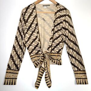 Isabella Bird Anthropologie Silk Cardigan Small Beige Black Geometric Tie Front